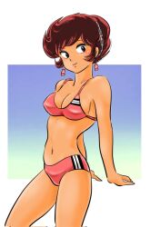 Rule 34 | 1girl, amamorituyuko, benten (urusei yatsura), bikini, black eyes, breasts, highres, looking at viewer, medium breasts, narrow waist, red hair, smile, solo, swimsuit, tan, urusei yatsura