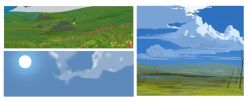 building city cloud cloudy_sky day field flower flower_field houseki_no_kuni landscape mountain multiple_views nature no_humans outdoors phosphophyllite scenery sky sun tinaren15 tree wetland wide_shot