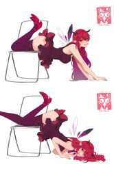 1girl absurdres arm_support armpit_crease ass blue_eyes breasts chair demon_horns derivative_work detached_wings eyeshadow folding_chair from_side full_body heterochromia high_heels highres hololive hololive_english horns ichika_lucifer irys_(hololive) irys_(irys_2.0)_(hololive) large_breasts long_hair looking_at_viewer lucesamaaa makeup mini_wings on_chair pink_eyes pink_hair pink_lips pink_nails pointy_ears purple_thighhighs red_shoes shoes simple_background solo star-shaped_pupils star_(symbol) symbol-shaped_pupils thighhighs tutu virtual_youtuber white_background wings