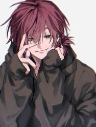 1boy black_hoodie blue_eyes commentary highres hood hoodie lauren_iroas looking_at_viewer male_focus nartr_0610 nijisanji red_hair solo twitter_username virtual_youtuber white_background