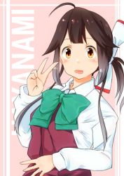 1girl ahoge black_hair bow bowtie character_name commentary_request dress female_focus green_bow green_bowtie hair_ribbon hayanami_(kancolle) highres kantai_collection komb long_sleeves orange_eyes pink_background pleated_dress ponytail purple_dress ribbon school_uniform shirt short_hair sidelocks solo two-tone_background v white_ribbon white_shirt