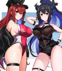 Rule 34 | 2girls, absurdres, arm behind head, arm strap, asymmetrical horns, black flower, black gloves, black hair, black hat, black horns, black jacket, black one-piece swimsuit, blue fire, blue hair, blush, border, breasts, cd usr, closed mouth, colored inner hair, commentary, competition swimsuit, cowboy shot, demon horns, elizabeth rose bloodflame, english commentary, fire, floating hair, flower, gloves, gluteal fold, hair between eyes, hand on own hip, hat, high ponytail, highleg, highleg one-piece swimsuit, highres, hololive, hololive english, horn flower, horns, jacket, large breasts, long hair, looking at viewer, mole, mole on thigh, multicolored hair, multiple girls, nerissa ravencroft, o-ring, o-ring thigh strap, off shoulder, official alternate costume, one-piece swimsuit, open clothes, open jacket, outside border, police hat, ponytail, red eyes, red one-piece swimsuit, sideboob, skindentation, smile, standing, swimsuit, thigh strap, two-tone hair, uneven horns, very long hair, virtual youtuber, white border