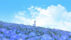 1girl blue_sky cloud cloudy_sky commentary_request cumulonimbus_cloud dress faceless faceless_female field flower flower_field flower_focus hat highres landscape original outdoors sky solo sun_hat sundress takano_higashi wide_shot