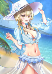 1girl :d arm_up beach bikini blonde_hair blue_bikini blue_sky breasts cleavage commentary cowboy_shot day dealesis english_commentary flower genshin_impact hand_on_headwear hat hat_flower highres horizon long_hair lumine_(genshin_impact) medium_breasts navel ocean open_mouth outdoors palm_tree revision sarong sky smile solo swimsuit tree white_flower white_hat yellow_eyes
