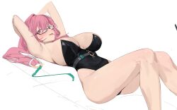 1girl absurdres armpits arms_up black_leotard breasts glasses hair_between_eyes highres jaihu large_breasts leotard long_hair looking_at_viewer lying on_back pink_eyes pink_hair solo strapless strapless_leotard thighs tsukishiro_yanagi zenless_zone_zero