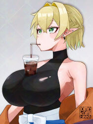 1girl arm_warmers armpits bendy_straw black_sports_bra blonde_hair braid breasts bubble_tea_challenge collarbone crown_braid cup disposable_cup drink drinking_straw drinking_straw_in_mouth ear_piercing eyeliner green_eyes half_updo high_collar highres large_breasts looking_at_viewer makeup mizuhashi_parsee off_shoulder piercing pointy_ears red_eyeliner sash short_hair sideboob solo sports_bra tomekami touhou white_sash