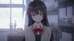 Rule 34 | 1girl, anime screenshot, black hair, blazer, bookshelf, bow, bowtie, buttons, closed mouth, collared shirt, double-breasted, grey jacket, indoors, jacket, lapels, long hair, looking at viewer, notched lapels, official art, open clothes, open jacket, purple eyes, red bow, red bowtie, school uniform, seiren academy school uniform, shirt, smile, suou yuki, tokidoki bosotto roshia-go de dereru tonari no alya-san, upper body, wing collar