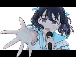 1girl :o absurdres banana_zarigani beckoning black_hair blue_sailor_collar bright_pupils clear_marine_calm_(idolmaster) commentary_request fukumaru_koito highres holding holding_microphone idolmaster idolmaster_shiny_colors letterboxed medium_hair microphone nail_polish sailor_collar shirt simple_background solo twintails upper_body white_background white_pupils white_shirt