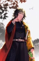 Rule 34 | 1boy, absurdres, bird, black hair, black jacket, black pants, blue eyes, buttons, closed mouth, demon slayer uniform, empty eyes, hair between eyes, hand up, haori, highres, holding, jacket, japanese clothes, kimetsu no yaiba, low ponytail, male focus, pants, ponytail, puffy pants, seriu eau, solo, standing, tomioka giyuu, watermark