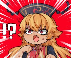 !? 1girl ^^^ black_dress black_hat chinese_clothes clenched_hands commentary_request crescent crescent_print dalachi_(headdress) dress fang fox_print hair_between_eyes hands_up hat highres junko_(touhou) long_hair looking_afar mandarin_collar motion_lines neck_ribbon open_mouth orange_hair pom_pom_(clothes) red_background red_eyes red_tabard ribbon simple_background skin_fang solo sweatdrop tabard tan tassel touhou upper_body user_duss3447 v-shaped_eyebrows wavy_hair yellow_ribbon