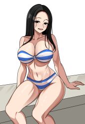 1girl beautiful_gunbari bikini black_eyes black_hair blue_bikini breasts collarbone commission feet_out_of_frame large_breasts long_hair marheit mole mole_under_mouth navel oh_junghwa sitting solo striped_bikini striped_clothes swimsuit