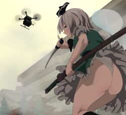 1girl absurdres ass black_bow black_bowtie black_ribbon black_socks blue_eyes bow bowtie collared_shirt commentary_request drone green_skirt green_vest hairband highres katana kneehighs konpaku_youmu konpaku_youmu_(ghost) looking_back panties puffy_short_sleeves puffy_sleeves ribbon shirt short_hair short_sleeves skirt smile socks solo sword textless_version touhou underwear upskirt vest wakizashi weapon white_hair white_panties white_shirt yuri_kowashi_(tetsukabuto_nuranura)
