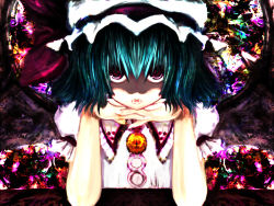 1girl fangs female_focus hat highres rasha red_eyes remilia_scarlet solo touhou upper_body