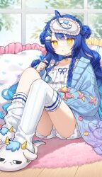 Rule 34 | 1girl, :o, absurdres, ahoge, amamiya kokoro, amamiya kokoro (6th costume), bell, blue cardigan, blue hair, blush, braided sidelock, cable knit, cardigan, choker, commentary request, double bun, eye mask, gradient cardigan, gradient hair, hair bun, highres, long hair, looking at viewer, miyayoki, multicolored hair, neck bell, nijisanji, pajamas, pillow, pink cardigan, ring pop, rug, slippers, socks, solo, thighs, tree, very long hair, virtual youtuber, wavy hair, white socks, window, wooden floor, yellow eyes