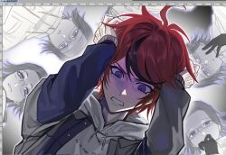 6+boys aotsuki_eito black_gloves blue_eyes clenched_teeth clone clutching_head drawstring feirenfutami glasses gloves grey_hair hands_on_own_head highres hood hoodie jacket male_focus multicolored_hair multiple_boys parted_lips red_hair short_hair spoilers streaked_hair sumino_takumi sweat teeth the_hundred_line_-last_defense_academy-