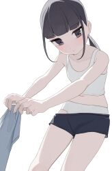Rule 34 | 1girl, black eyes, black hair, black shorts, bra, commentary request, flat chest, highres, hiroki (yyqw7151), looking at viewer, medium hair, original, panties, panties under shorts, short twintails, shorts, simple background, solo, standing, training bra, twintails, underwear, white background, white bra, white panties