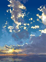 blue_sky cloud cloudy_sky glowing highres hisachan55cute horizon no_humans original outdoors pixel_art reflection reflective_water scenery sky sky_focus sunrise