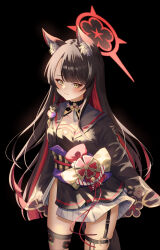 animal_ear_fluff animal_ears arms_at_sides black_background black_hair black_serafuku blue_archive blush_stickers eyeshadow fall_(5754478) fox_ears garter_straps highres long_hair long_sleeves looking_at_viewer makeup miniskirt obi sash school_uniform serafuku simple_background single_garter_strap skirt smile standing thighhighs thighs very_long_hair wakamo_(blue_archive) yellow_eyes