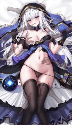 1girl absurdres adina_savic bare_shoulders black_gloves black_panties black_survival black_thighhighs black_veil blue_dress blue_eyes blue_veil breasts cleavage commission disembodied_hand dress eternal_return:_black_survival gloves groping hand_on_another&#039;s_stomach hand_on_another&#039;s_thigh hands_up highres lilac_(k32420276) long_hair looking_at_viewer lying medium_breasts navel no_bra on_back orb panties panty_pull pixiv_commission skindentation solo spaghetti_strap stomach string_panties thighhighs thighs underwear veil very_long_hair white_hair