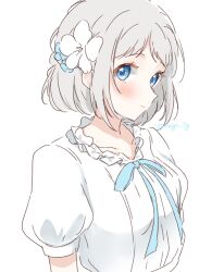1girl blue_eyes blue_ribbon blush collarbone flower gakuen_idolmaster grey_hair hair_flower hair_ornament highres idolmaster katsuragi_lilja looking_at_viewer nagi_7g puffy_short_sleeves puffy_sleeves ribbon short_hair short_sleeves sidelocks signature simple_background smile solo white_background white_flower