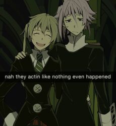1girl 1other :/ ^_^ androgynous bite_mark blonde_hair choppy_bangs closed_eyes crona_(soul_eater) cuff_links gloves green_necktie hand_on_another&#039;s_shoulder hand_on_another&#039;s_waist high_collar highres kaligraphy large_buttons maka_albarn meme meme_request necktie open_mouth other_focus other_with_female photo-referenced pink_hair plaid_clothes short_twintails sleeve_cuffs small_sweatdrop smile soul_eater striped_necktie twintails upper_body white_gloves white_sleeve_cuffs