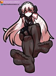 Rule 34 | 1girl, arknights, armband, armpits, arms behind head, black sleeves, blush, braid, colored skin, commentary, commission, crown braid, detached sleeves, fanbox username, feet, foot focus, hair between eyes, highres, legs, long hair, long sleeves, looking at viewer, no shoes, paid reward available, pantyhose, patreon username, pointy ears, pouch, purple background, reathroch, red eyes, simple background, sitting, slit pupils, soles, solo, thigh pouch, toes, very long hair, warfarin (arknights), watermark, web address, white armband, white hair, white skin
