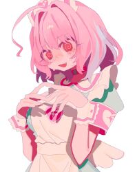 1girl @_@ ahoge apron armband blush breasts choker fang hair_between_eyes hair_intakes hat highres idolmaster idolmaster_cinderella_girls index_fingers_together multicolored_hair nurse_cap open_mouth pink_hair puffy_sleeves red_eyes short_hair short_sleeves simple_background solo stylishtrash upper_body white_background white_hat white_wings wings yumemi_riamu