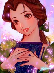 1girl beauty_and_the_beast_(disney) belle_(disney) book bow brown_eyes brown_hair dress fang green_bow happy highres holding holding_book long_hair looking_at_viewer nyamunekonabe ponytail skin_fang smile solo teeth toon_(style) upper_body upper_teeth_only