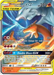 animal_focus arita_mitsuhiro artist_name blue_eyes blue_fire breath_weapon breathing_fire card_(medium) character_name charizard company_name copyright_name copyright_notice dragon dragon_wings english_text fangs fire gen_1_pokemon gen_5_pokemon legendary_pokemon nintendo no_humans official_art open_mouth pokemon pokemon_(creature) pokemon_card pokemon_focus pokemon_tcg reshiram teeth third-party_source tongue trading_card v-shaped_eyes wings
