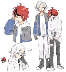 Rule 34 | ..., 2boys, ahoge, aotsuki eito, black gloves, black pants, black shoes, black streaks, blue eyes, blue jacket, chibi, chibi inset, closed eyes, clothes tug, commentary, cosplay, costume switch, crying, drawstring, english commentary, glasses, gloves, grey eyes, grey hair, grey jacket, highres, hood, hoodie, jacket, looking at viewer, male focus, multicolored hair, multicolored jacket, multiple boys, multiple views, onettfarts, pants, red hair, shoes, short hair, simple background, smile, speech bubble, streaked hair, sumino takumi, sweatdrop, the hundred line -last defense academy-, two-tone jacket, white background, white hoodie, white jacket, white pants, white shoes, yawning, zipper