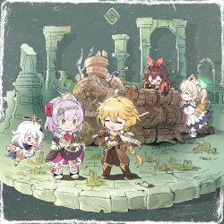 Rule 34 | 1boy, 4girls, = =, aether (genshin impact), ahoge, amber (genshin impact), barbara (genshin impact), black dress, blonde hair, braid, braided ponytail, brown hair, brown pants, brown shirt, chibi, closed eyes, cropped shirt, dress, flower, genshin impact, green eyes, grey hair, hair flower, hair ornament, hair ribbon, halo, hat, headdress, highres, holding, holding sword, holding weapon, jiangchengzi664, medium hair, multiple girls, noelle (genshin impact), paimon (genshin impact), pants, red ribbon, ribbon, romper, rose, scarf, shirt, sword, weapon, white dress, white hat, white romper, white scarf