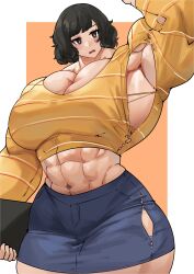 Rule 34 | 1girl, abs, absurdres, arm up, armpits, blush, book, breasts, curvy, female focus, flexing, highres, kawakami sadayo, large breasts, matching hair/eyes, midriff, musctonk, muscular, muscular female, navel, persona, persona 5, short hair, solo, thick arms, thick thighs, thighs, torn clothes