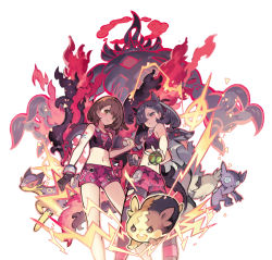 2girls black_hair blush brown_eyes brown_hair closed_mouth dusk_ball dynamax dynamax_band eyelashes gen_3_pokemon gen_5_pokemon gen_8_pokemon gigantamax gigantamax_grimmsnarl gloria_(pokemon) gloves green_eyes grimmsnarl hair_ribbon holding holding_poke_ball leggings liepard marnie_(pokemon) morpeko morpeko_(full) multiple_girls navel nintendo obstagoon partially_fingerless_gloves poke_ball pokemon pokemon_(creature) pokemon_swsh premier_ball red_ribbon ribbon sableye short_hair single_glove smile sports_bra starshadowmagician