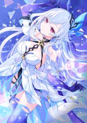 1girl bare_shoulders breasts commentary_request cowboy_shot dress genshin_impact hair_ornament highres large_breasts long_hair looking_at_viewer pink_eyes prosthesis prosthetic_arm prostration skirk_(genshin_impact) solo watermark white_dress white_hair yutukicom