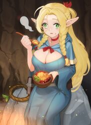 1girl absurdres blonde_hair blue_capelet blue_robe bowl braid breasts capelet choker cleavage commentary dungeon_meshi elf embers feet_out_of_frame food green_eyes highres holding holding_bowl holding_spoon large_breasts long_hair manple0201 marcille_donato parted_lips pointy_ears red_choker robe rock sitting smoke solo spoon wooden_spoon