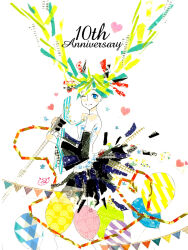 Rule 34 | 1girl, ;), abstract, anniversary, aqua eyes, balloon, bare shoulders, black skirt, black sleeves, blonde hair, blue eyes, blue necktie, blush, breasts, bunting, cathinthecloud, commentary, cropped legs, english commentary, floating hair, from side, hair ribbon, hatsune miku, heart, highres, holding, holding microphone, holding microphone stand, long hair, looking at viewer, masking tape (medium), microphone, microphone stand, mixed media, multicolored hair, necktie, one eye closed, red ribbon, ribbon, shirt, skirt, sleeveless, sleeveless shirt, small breasts, smile, solo, split mouth, star (symbol), traditional media, twintails, unconventional media, very long hair, vocaloid, white background, white shirt, wide sleeves