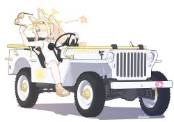1girl above-cleavage_cutout animal_ear_fluff animal_ears artist_name blonde_hair blue_archive car clothing_cutout commentary_request cross_halo diamond_cutout flukhan fox_ears fox_girl halo highres long_hair looking_at_viewer military_jeep motor_vehicle official_alternate_costume official_alternate_hairstyle one-piece_swimsuit orange-tinted_eyewear sandals seia_(blue_archive) seia_(swimsuit)_(blue_archive) simple_background solo spoken_star star_(symbol) steering_wheel sunglasses swimsuit tinted_eyewear trinity_general_school_logo twitter_username visor_cap white_background white_one-piece_swimsuit yellow_eyes yellow_halo yellow_sandals yellow_visor