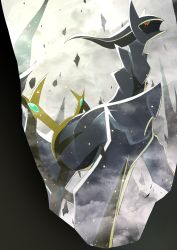 absurdres arceus closed_mouth colored_sclera commentary_request creatures_(company) fog from_below game_freak gen_4_pokemon green_sclera highres legendary_pokemon looking_down mythical_pokemon nintendo no_humans outdoors pokemon pokemon_(creature) red_eyes ririri_(user_rkrv7838) solo