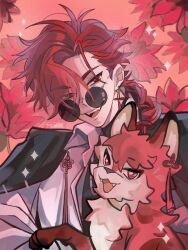 Rule 34 | 1boy, animal, animalization, artist name, black jacket, black shirt, braid, braided ponytail, chinese clothes, chinese knot, collared shirt, earrings, fangs, floral background, flower, fox, hair over one eye, highres, jacket, jacket on shoulders, jewelry, kalondust, long hair, long sleeves, looking at viewer, male focus, necklace, open mouth, red background, red eyes, red flower, red hair, red theme, round eyewear, shiguang dailiren, shirt, single braid, single earring, smile, solo, sparkle, sunglasses, tassel, tassel earrings, teeth, turtleneck, upper body, upper teeth only, white shirt, xiao weiying, xiao weiying (fox)