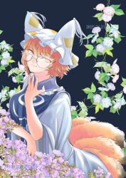 1girl animal_ears animal_hat artist_name bespectacled blonde_hair blue_background blue_tabard blush dated dress flower fox_ears fox_girl fox_tail glasses hat long_sleeves mob_cap multiple_tails nose_blush short_hair smile solo soretsu_nitohei tabard tail touhou yakumo_ran yellow_eyes