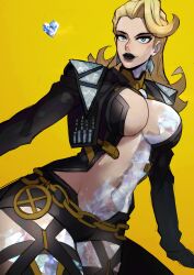 1girl blonde_hair blue_eyes blue_lips breasts cleavage earrings emma_frost emma_frost_(x-revolution) funi_xd highres jewelry large_breasts lipstick looking_at_viewer makeup marvel marvel_rivals navel short_hair solo thick_thighs thighs x-men
