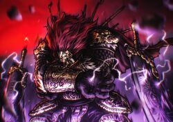 1boy absurdres armor bracer breastplate crossed_arms drawesome_art elden_ring electricity faulds glowing glowing_eye gold_armor helmet highres huge_weapon long_hair pauldrons red_hair shoulder_armor solo starscourge_radahn weapon