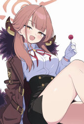 Rule 34 | 1girl, absurdres, ahoge, aru (blue archive), blue archive, blush, breasts, brown coat, brown horns, candy, coat, coat on shoulders, demon horns, food, fur-trimmed coat, fur trim, gloves, halo, high-waist skirt, highres, hiroikara (smhong04), holding, holding candy, holding food, horns, jacket, large breasts, long hair, long sleeves, looking at viewer, low horns, open mouth, orange halo, pink hair, red coat, red halo, ribbon, shirt, simple background, sitting, skirt, smile, solo, thighs