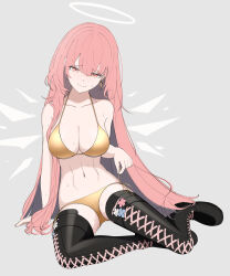 1girl absurdres arknights bare_shoulders bikini black_boots boots breasts cleavage collarbone gold_bikini grey_background halo highres kinoko_hakushaku lace-up_boots large_breasts lemuen_(arknights) long_hair looking_at_viewer navel pink_eyes pink_hair simple_background sketch solo swimsuit thigh_boots very_long_hair