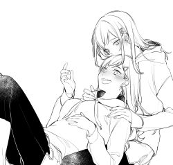 Rule 34 | 2girls, azusawa kohane, blush, breasts, commentary, couple, drawstring, earclip, earrings, greyscale, hair down, hair ornament, hand on own stomach, hand up, hands on another&#039;s shoulders, highres, hood, hoodie, jewelry, kissing head, long hair, long sleeves, looking at another, looking down, lying on lap, lying on person, monochrome, multiple girls, open mouth, pants, project sekai, shiraishi an, sketch, smile, star (symbol), star earrings, straight hair, sweater, teeth, triangle hair ornament, upper teeth only, yuri, zhuotian