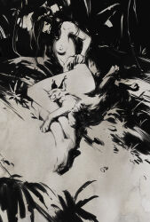 Rule 34 | 1girl, absurdres, barefoot, breasts, cat, chiaroscuro, closed mouth, completely nude, cuddling, elbow rest, faux traditional media, feet, from above, full body, grass, headband, highres, lane brown, legs, long hair, looking at animal, lying, medium breasts, monochrome, nature, navel, nipples, nude, on floor, on side, original, photoshop (medium), soles, solo, tail, thighs, toes