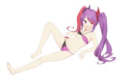 1girl absurdres barefoot bikini flat_chest full_body heterochromia highres long_hair looking_at_viewer lying misaki_(princess_connect!) misaki_(summer)_(princess_connect!) multicolored_hair navel open_mouth princess_connect! purple_eyes purple_hair red_eyes red_hair ribbonsnek smile solo swimsuit transparent_background twintails two-tone_hair very_long_hair