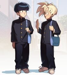 Rule 34 | 2boys, absurdres, aged down, arm up, bag, black hair, black jacket, black pants, blonde hair, blunt bangs, blush, building, buttons, clenched hand, commentary, crossover, curtained hair, english commentary, erinartista, full body, gakuran, green eyes, hair between eyes, high collar, highres, jacket, kageyama shigeo, lamppost, light blush, looking at another, male focus, microsoft windows, mob psycho 100, multiple boys, nose, nose blush, open mouth, outdoors, pants, parted bangs, school bag, school uniform, shadow, shoulder bag, son gohan, super saiyan, super saiyan 1, sweat, tree, turning head, white footwear