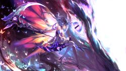 1girl absurdres bare_shoulders black_ribbon black_tiara breasts bug butterfly castorice_(honkai:_star_rail) chester_shinoda cleavage closed_mouth commentary dragon dress energy_wings english_commentary floating_hair full_body hair_ribbon high_heels highres holding holding_scythe holding_weapon honkai:_star_rail honkai_(series) insect long_hair looking_at_viewer low-tied_long_hair medium_breasts netherwing_(honkai:_star_rail) pantyhose pointy_ears purple_butterfly purple_eyes purple_hair ribbon scythe tiara twintails weapon white_dress white_pantyhose