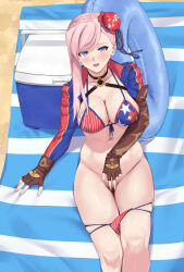 Rule 34 | 1girl, american flag, american flag bikini, american flag print, asymmetrical gloves, bikini, blue eyes, blue shrug, blush, breasts, brown gloves, bun cover, choker, cleavage, clothes pull, collarbone, fate/grand order, fate (series), fingerless gloves, flag print, flag print bikini, gloves, hair bun, hair ribbon, highres, large breasts, long hair, long sleeves, looking at viewer, miyamoto musashi (fate), miyamoto musashi (fate/grand order), miyamoto musashi (swimsuit berserker) (fate), miyamoto musashi (swimsuit berserker) (second ascension) (fate), navel, open mouth, pink hair, print bikini, ribbon, ryouya, shrug (clothing), single side bun, smile, solo, swept bangs, swimsuit, thighhighs, thighs